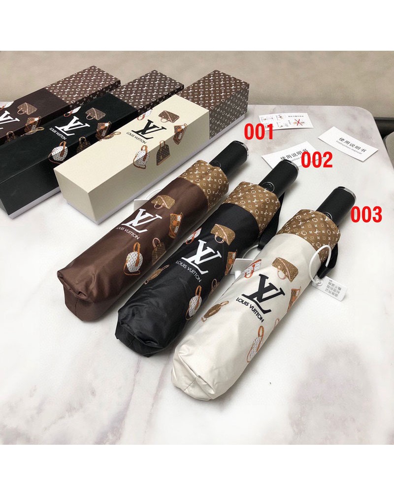 ルイヴィトン晴雨傘経典ロゴお洒落バッグプリント付き高級ブランドvuitton 傘自動機能三つ折り携帯便利  紫外線日焼け止め素敵傘
