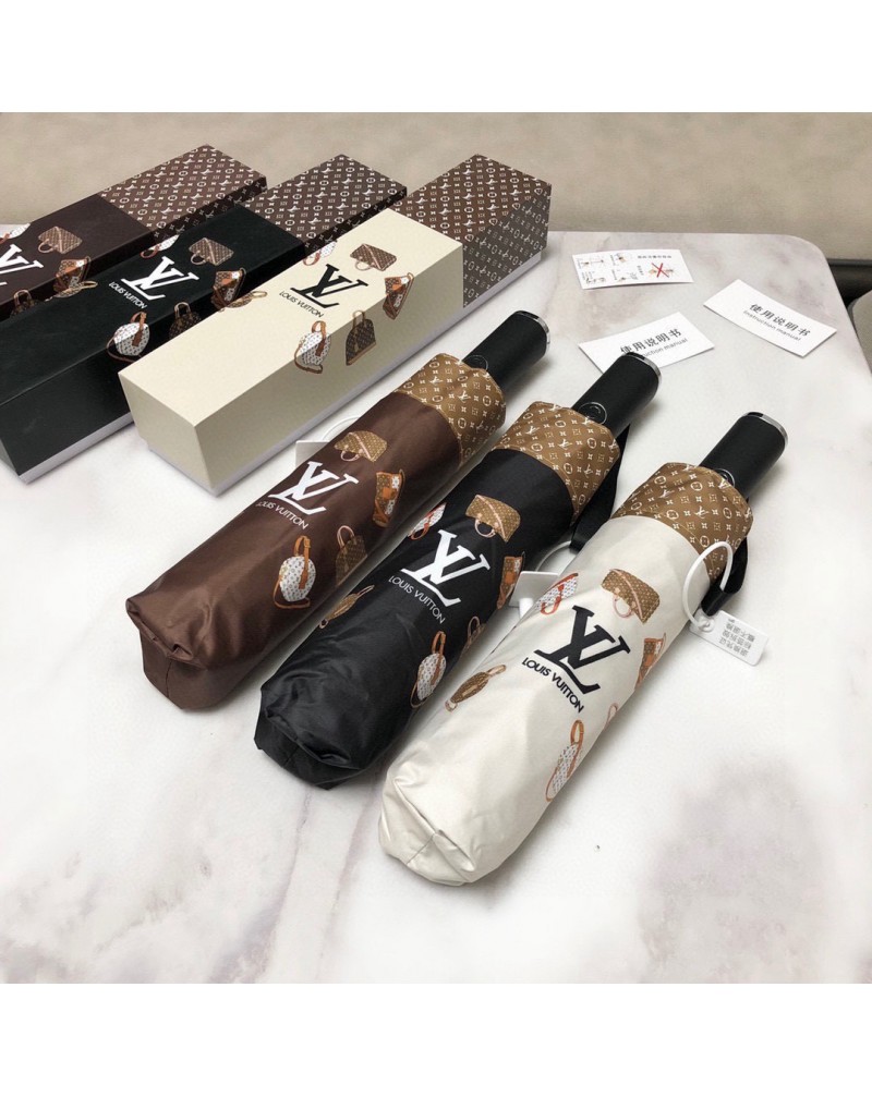 ルイヴィトン晴雨傘経典ロゴお洒落バッグプリント付き高級ブランドvuitton 傘自動機能三つ折り携帯便利  紫外線日焼け止め素敵傘