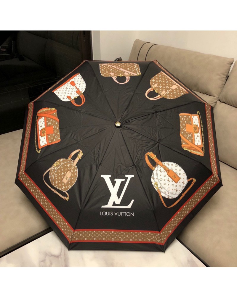 ルイヴィトン晴雨傘経典ロゴお洒落バッグプリント付き高級ブランドvuitton 傘自動機能三つ折り携帯便利  紫外線日焼け止め素敵傘