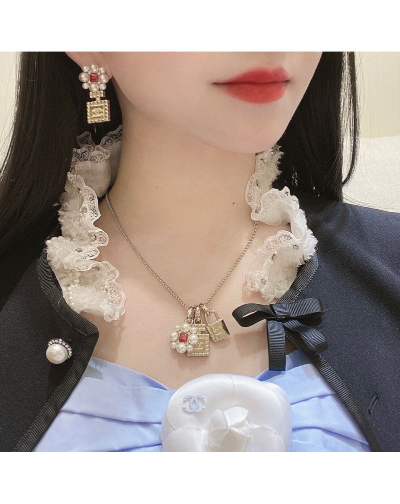 シャネルピアスネックレスお洒落真珠付き可愛いブランド ネックレスピアス綺麗ダイヤモンド付き女性人気