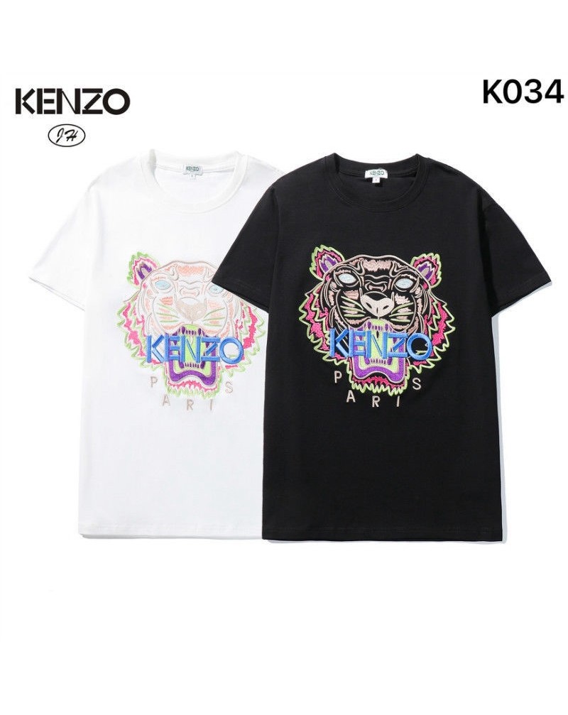 ケンゾーtシャツ半袖お洒落精緻刺繍ロゴ付きティシャツコットン製トップス男女向けカッコイイ虎頭付き上着人気ファッション