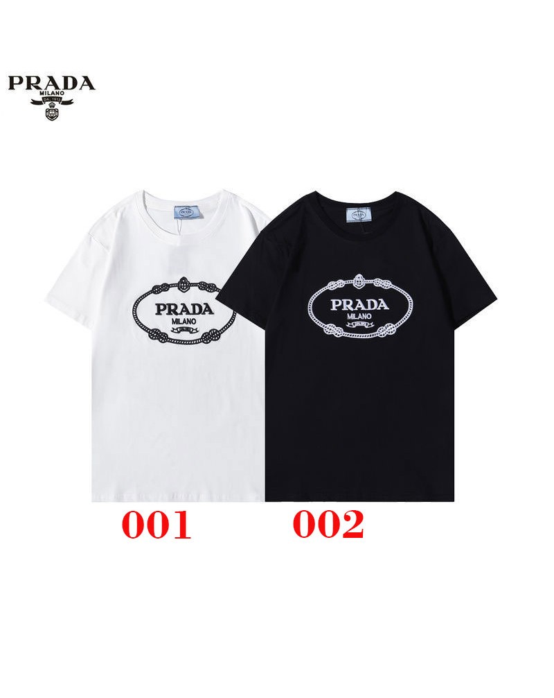 プラダtシャツ半袖経典ロゴマーク付きコットン製ソフト丸首ウェアトップスカジュアルファッション人気