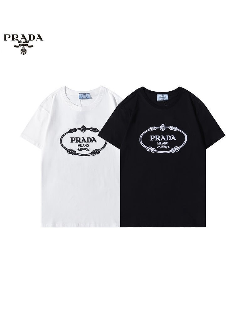 プラダtシャツ半袖経典ロゴマーク付きコットン製ソフト丸首ウェアトップスカジュアルファッション人気