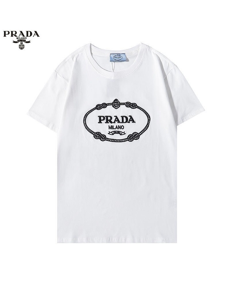 プラダtシャツ半袖経典ロゴマーク付きコットン製ソフト丸首ウェアトップスカジュアルファッション人気