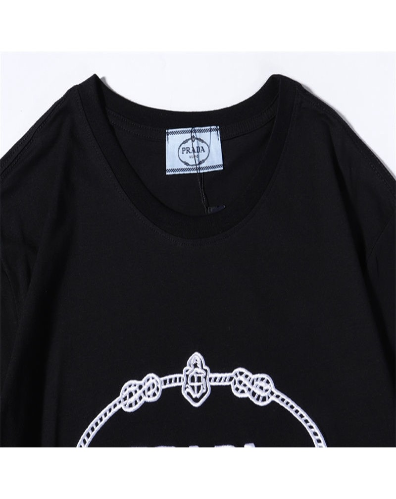 プラダtシャツ半袖経典ロゴマーク付きコットン製ソフト丸首ウェアトップスカジュアルファッション人気