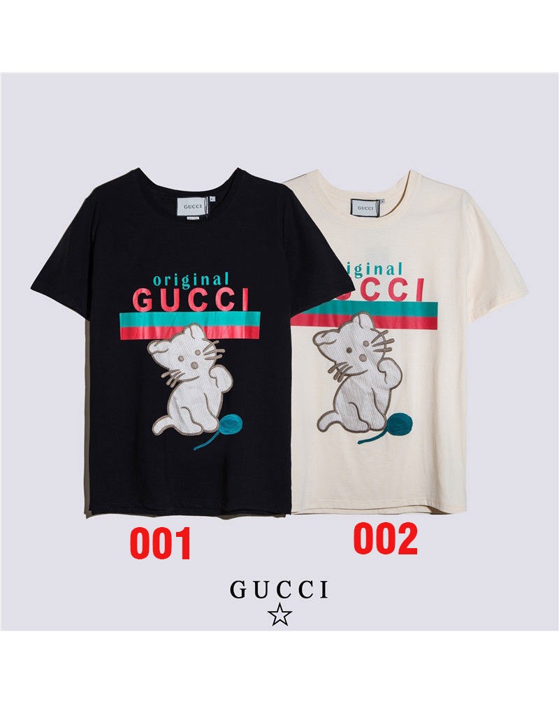 グッチtシャツ半袖可愛い猫付きティシャツウェアコットン製上着トップスカジュアルファッション男女向け