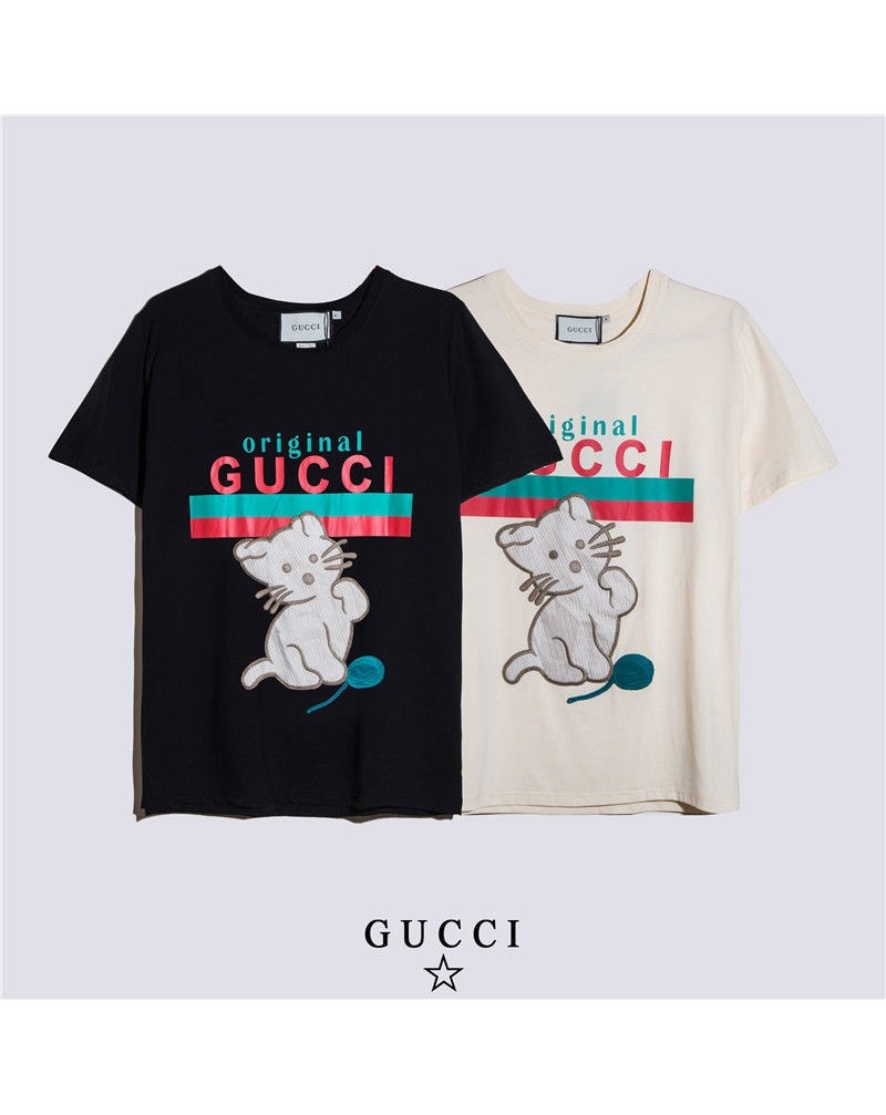 グッチtシャツ半袖可愛い猫付きティシャツウェアコットン製上着トップスカジュアルファッション男女向け