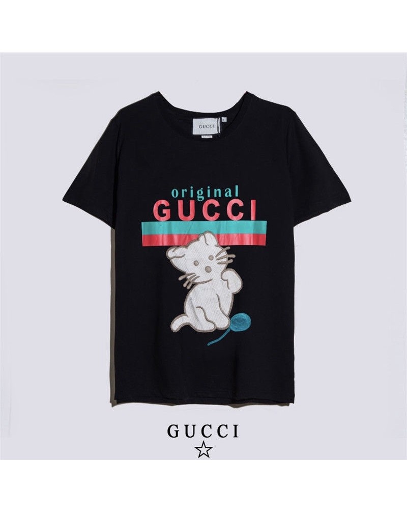 グッチtシャツ半袖可愛い猫付きティシャツウェアコットン製上着トップスカジュアルファッション男女向け