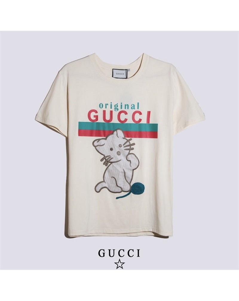 グッチtシャツ半袖可愛い猫付きティシャツウェアコットン製上着トップスカジュアルファッション男女向け
