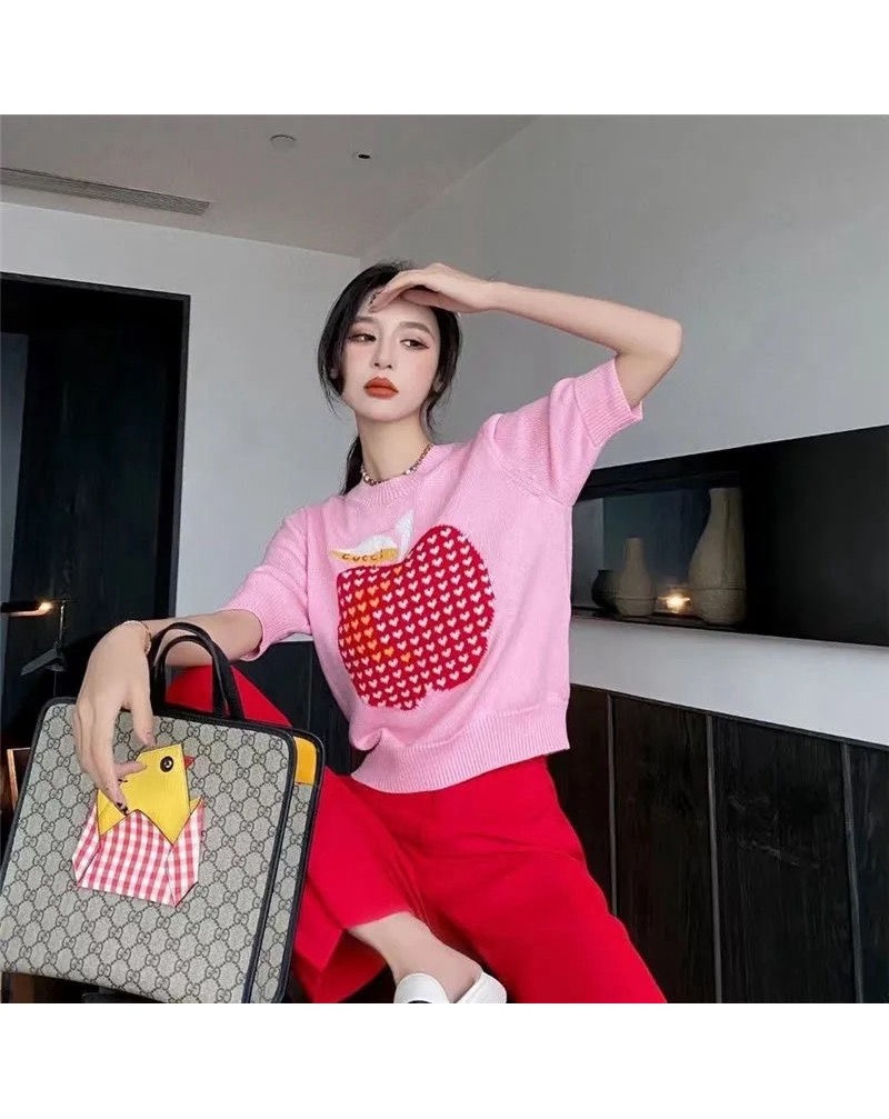 グッチ ニットtシャツ半袖可愛いピンクリンゴプリント付きお洒落ファッション人気新作