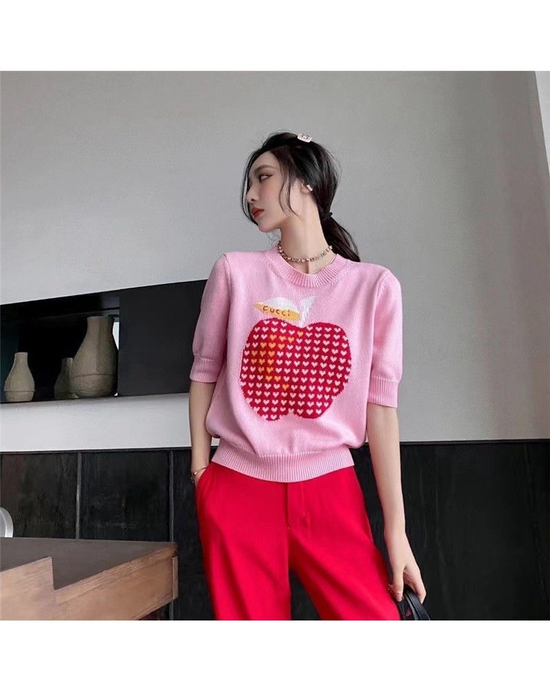 グッチ ニットtシャツ半袖可愛いピンクリンゴプリント付きお洒落ファッション人気新作