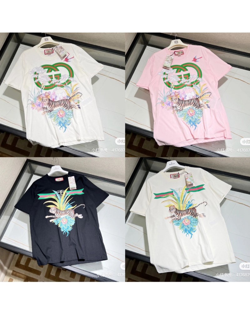 人気新作グッチ Ｔシャツ半袖お洒落自然風虎花プリント付き可愛いファッションティシャツコットン製トップス男女向け