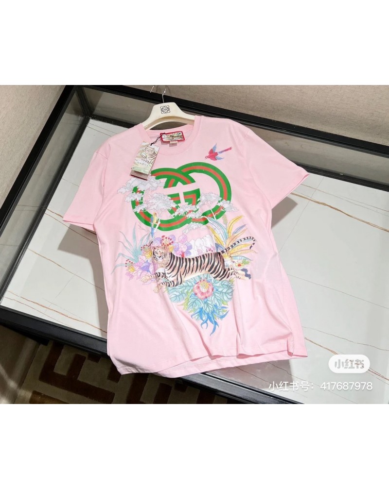 人気新作グッチ Ｔシャツ半袖お洒落自然風虎花プリント付き可愛いファッションティシャツコットン製トップス男女向け