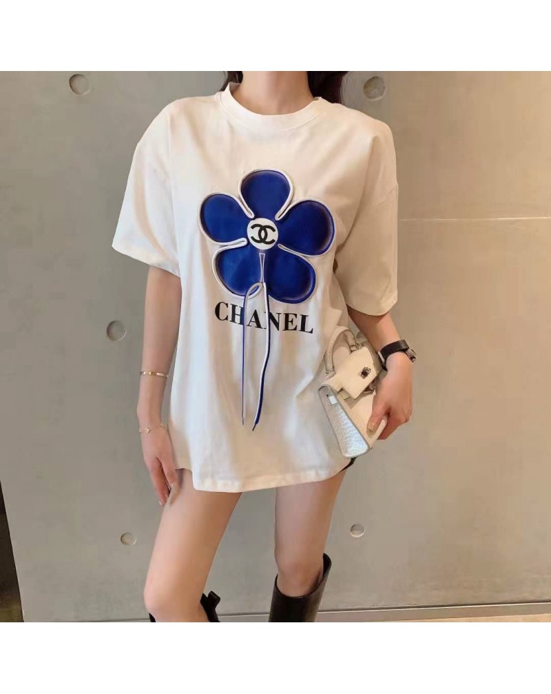 シャネルTシャツ半袖お洒落可愛い花付き人気ファッション夏物トップス新作