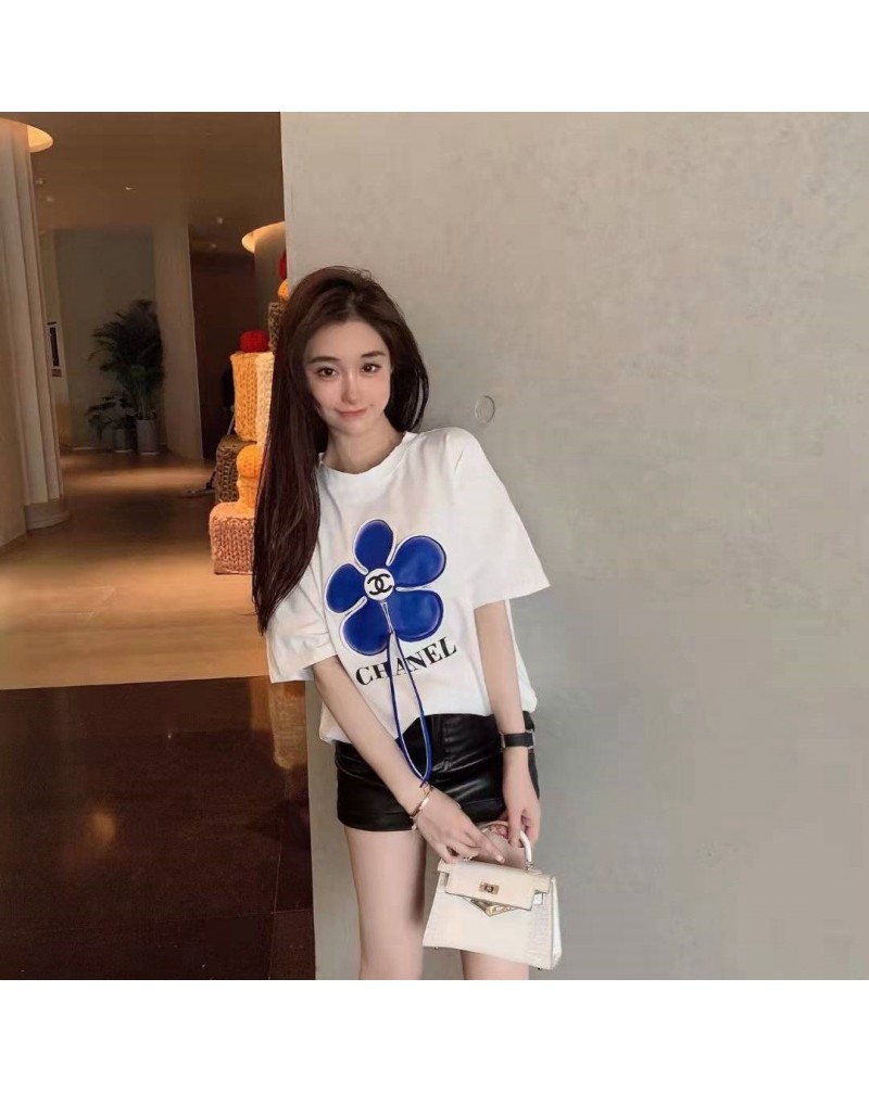 シャネルTシャツ半袖お洒落可愛い花付き人気ファッション夏物トップス新作