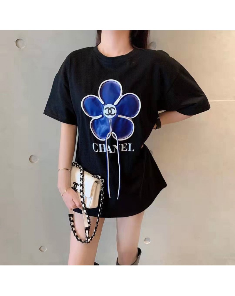 シャネルTシャツ半袖お洒落可愛い花付き人気ファッション夏物トップス新作