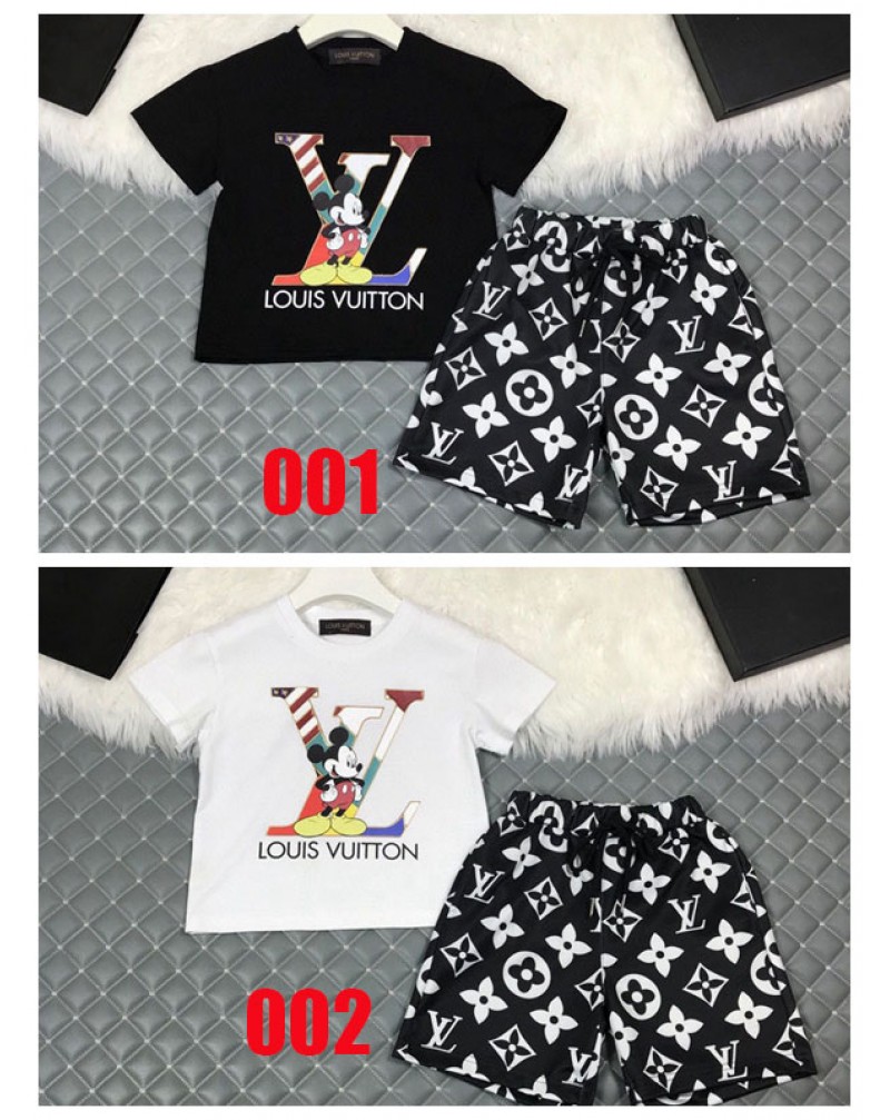 ヴィトンｔシャツ半ズボンアップセット子供達向けお洒落可愛いミッキー付きキッズ上下セットコットン製ソフト人気夏物