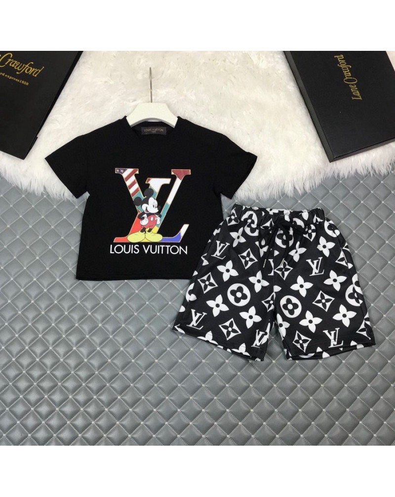 ヴィトンｔシャツ半ズボンアップセット子供達向けお洒落可愛いミッキー付きキッズ上下セットコットン製ソフト人気夏物