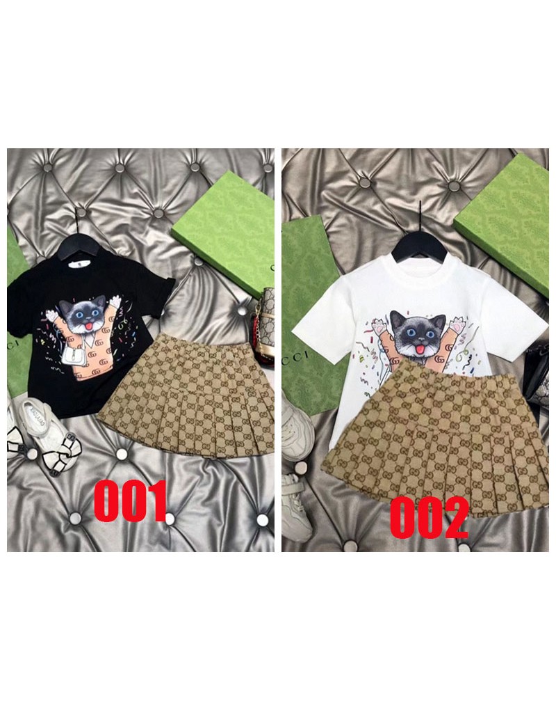 グッチｔシャツスカートアップセット可愛い猫付き女の子ガールズ向けお洒落半袖スカート上下セット