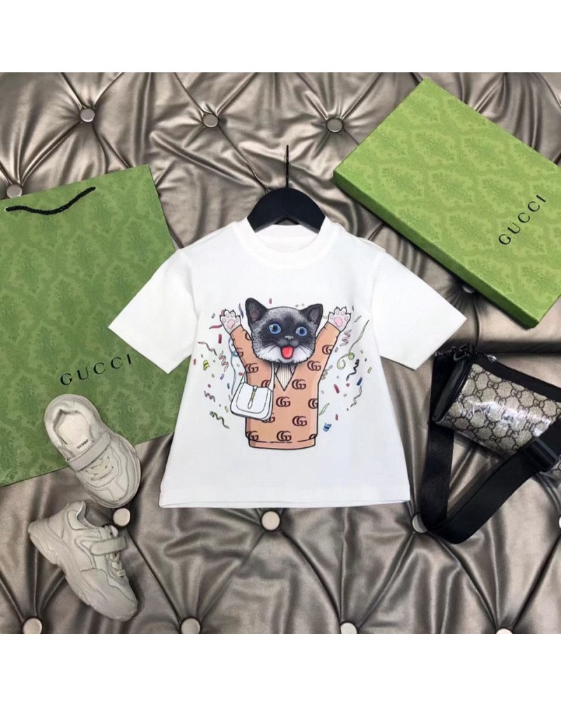 グッチｔシャツスカートアップセット可愛い猫付き女の子ガールズ向けお洒落半袖スカート上下セット