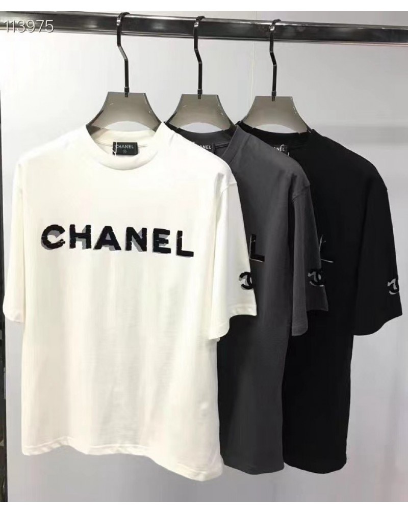 シャネル ｔシャツ半袖お洒落小香風ティシャツコットン製トップスカジュアルファッション植毛立体ロゴ男女向け人気