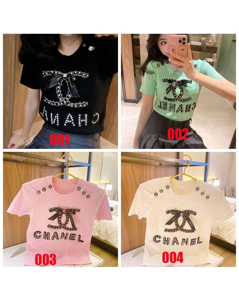 シャネルｔシャツ半袖お洒落小香風ビーズ付き可愛いティシャツトップス女性向け人気