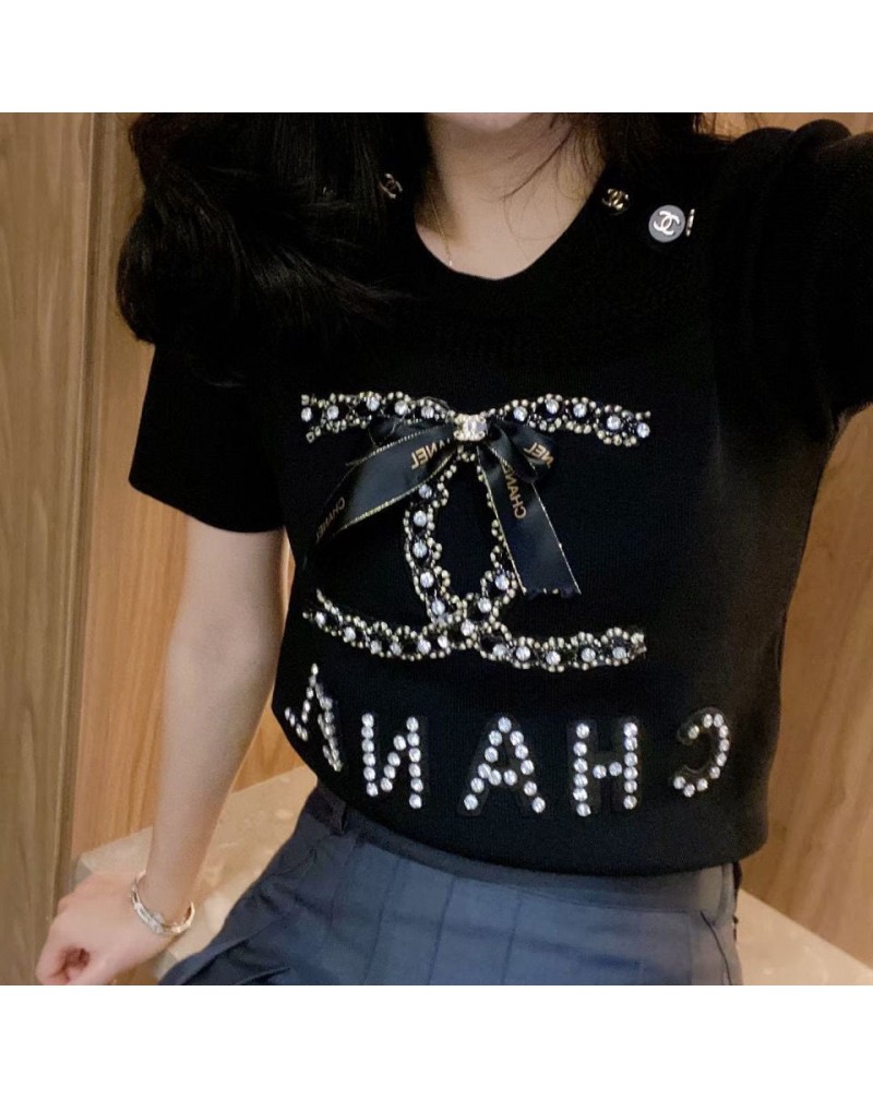 シャネルｔシャツ半袖お洒落小香風ビーズ付き可愛いティシャツトップス女性向け人気