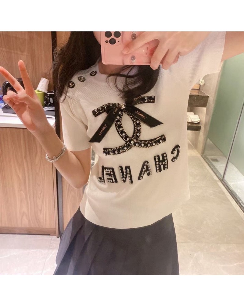 シャネルｔシャツ半袖お洒落小香風ビーズ付き可愛いティシャツトップス女性向け人気