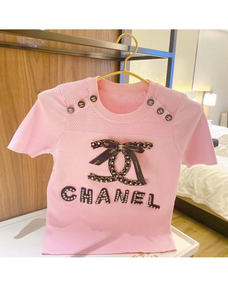 シャネルｔシャツ半袖お洒落小香風ビーズ付き可愛いティシャツトップス女性向け人気