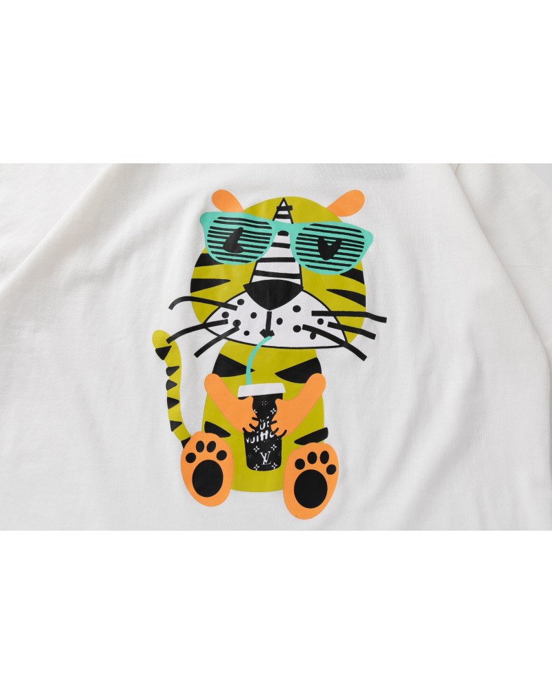 ヴィトンｔシャツ半袖可愛い個性虎プリント付き春夏新作メンズレディース向けお洒落ティシャツトップスカジュアル