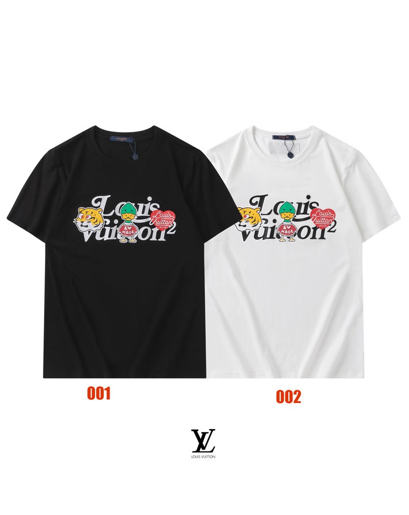 ヴィトンｔシャツ半袖個性可愛い虎頭ダック心型プリント付きお洒落vuittonティシャツ上着コットン製トップスメンズレディース向け芸能人愛着新作