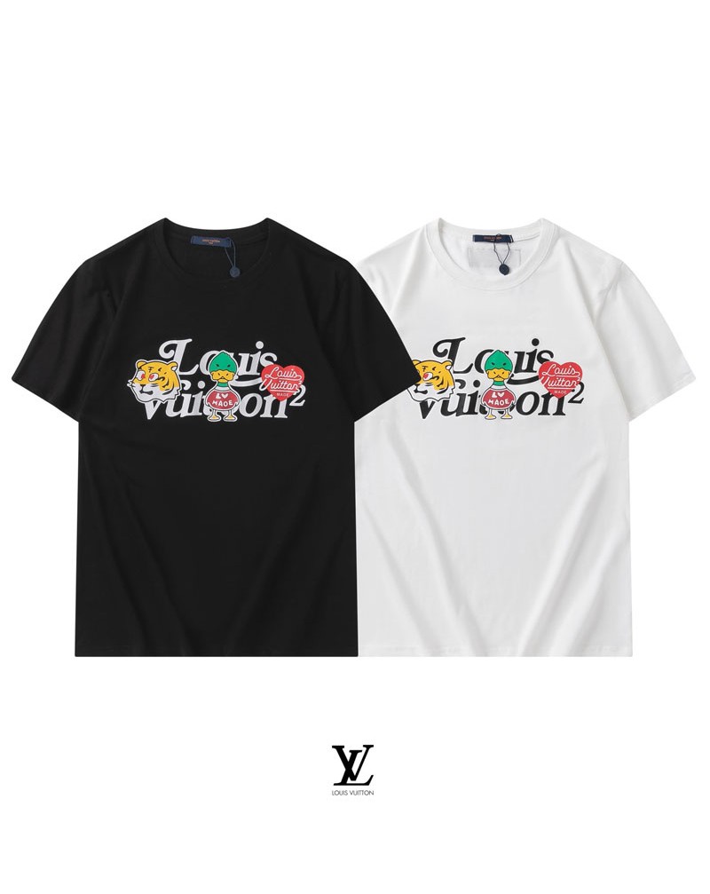 ヴィトンｔシャツ半袖個性可愛い虎頭ダック心型プリント付きお洒落vuittonティシャツ上着コットン製トップスメンズレディース向け芸能人愛着新作