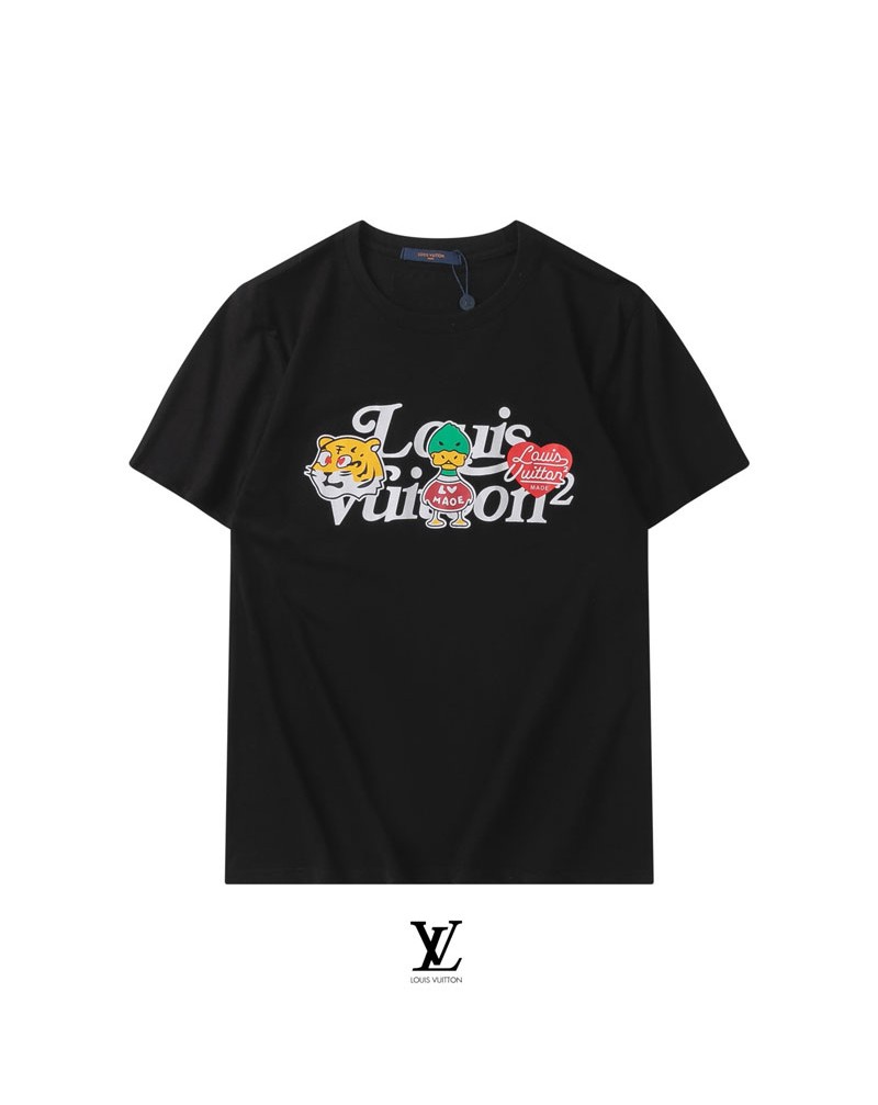 ヴィトンｔシャツ半袖個性可愛い虎頭ダック心型プリント付きお洒落vuittonティシャツ上着コットン製トップスメンズレディース向け芸能人愛着新作