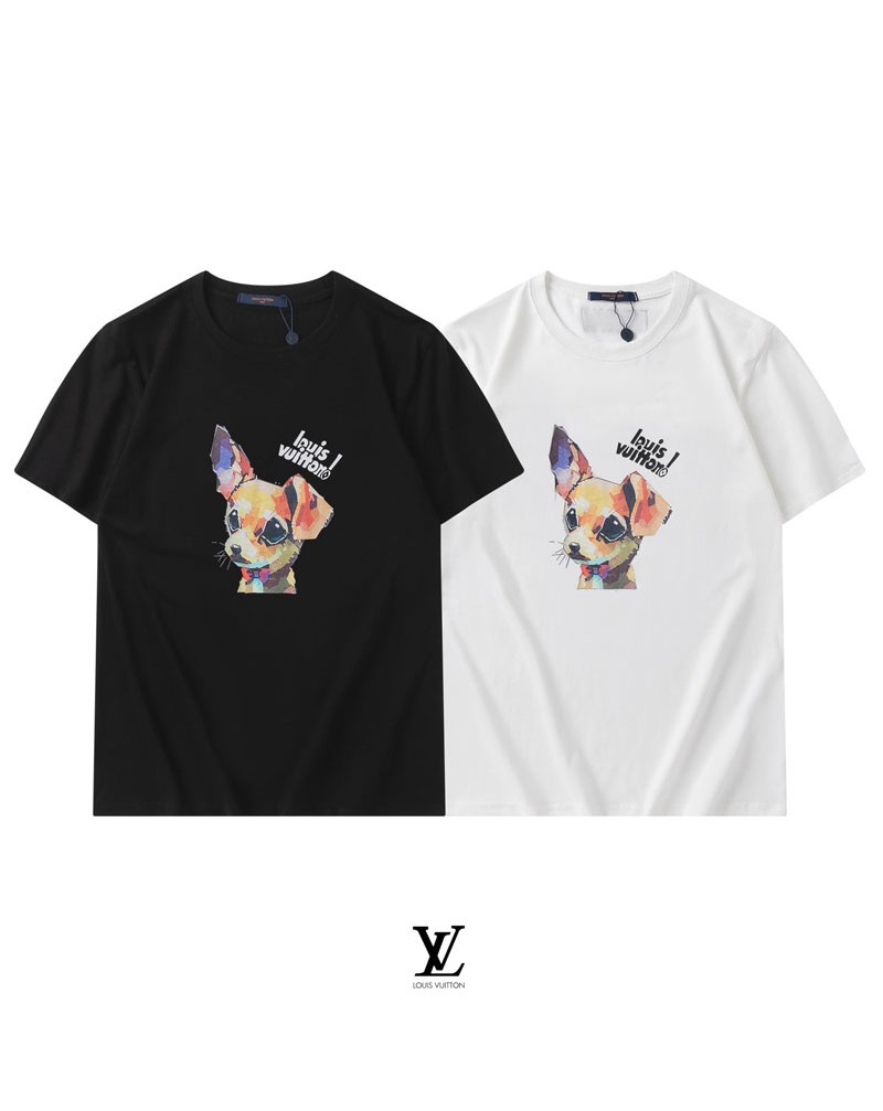 可愛犬プリント付きヴィトンｔシャツ半袖ファッション22ss新作コットン製ソフトカットソートップス男女向けお洒落人気上着