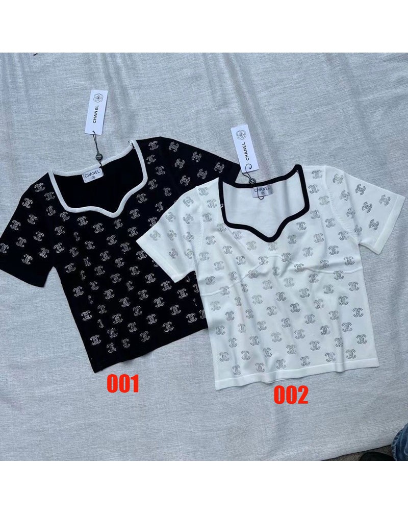 シャネルtシャツ半袖お洒落ニットトップスホットドリルロゴ付き高級ファッション上着女性人気