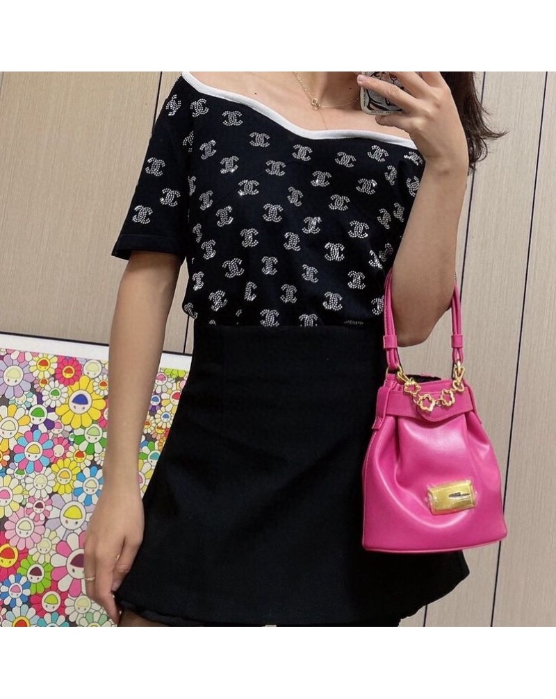 シャネルtシャツ半袖お洒落ニットトップスホットドリルロゴ付き高級ファッション上着女性人気