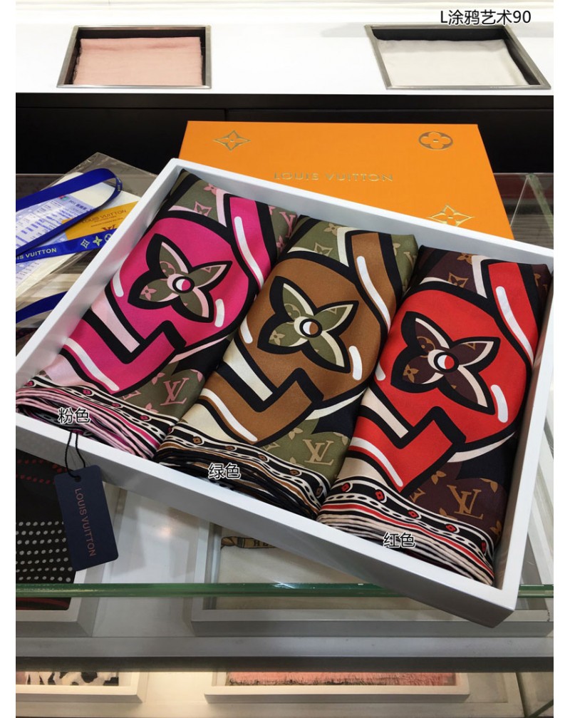 ヴィトンスカーフお洒落落書きモノグラムプリント付きシルクソフト柔らかい飾り物