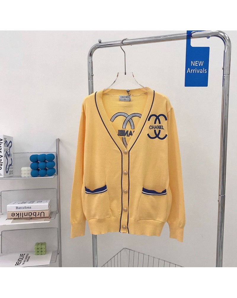 シャネルカーデガンお洒落精緻刺繍ロゴ付きイエローニット長袖トップスカジュアルファッション