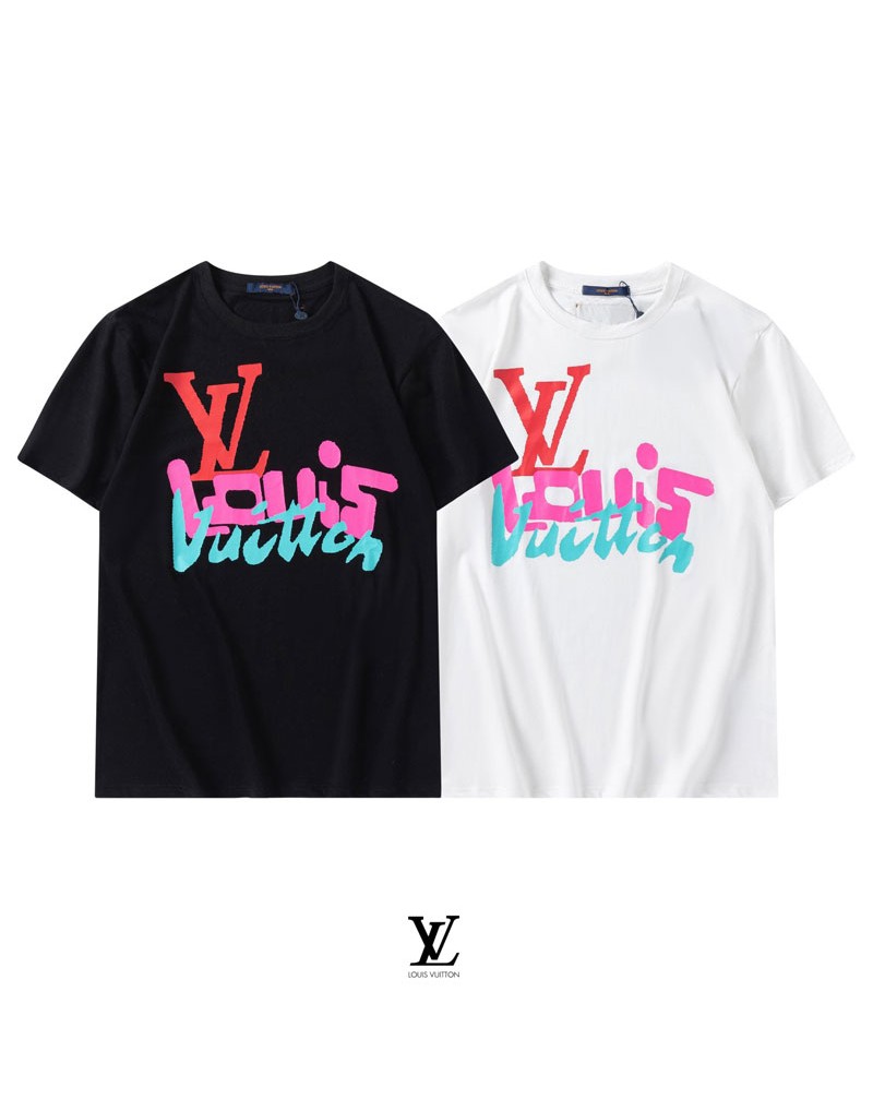 ヴィトンtシャツ半袖お洒落個性プリント付きティシャツコットン製カットソートップスカップル向け人気