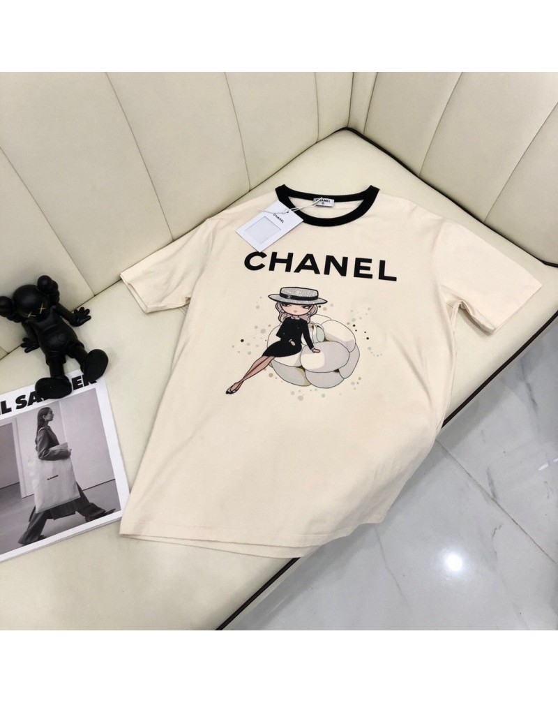シャネルtシャツ半袖お洒落ダイヤ付きプリント小香風ティシャツトップス女性向け超人気上着コットン製ソフト