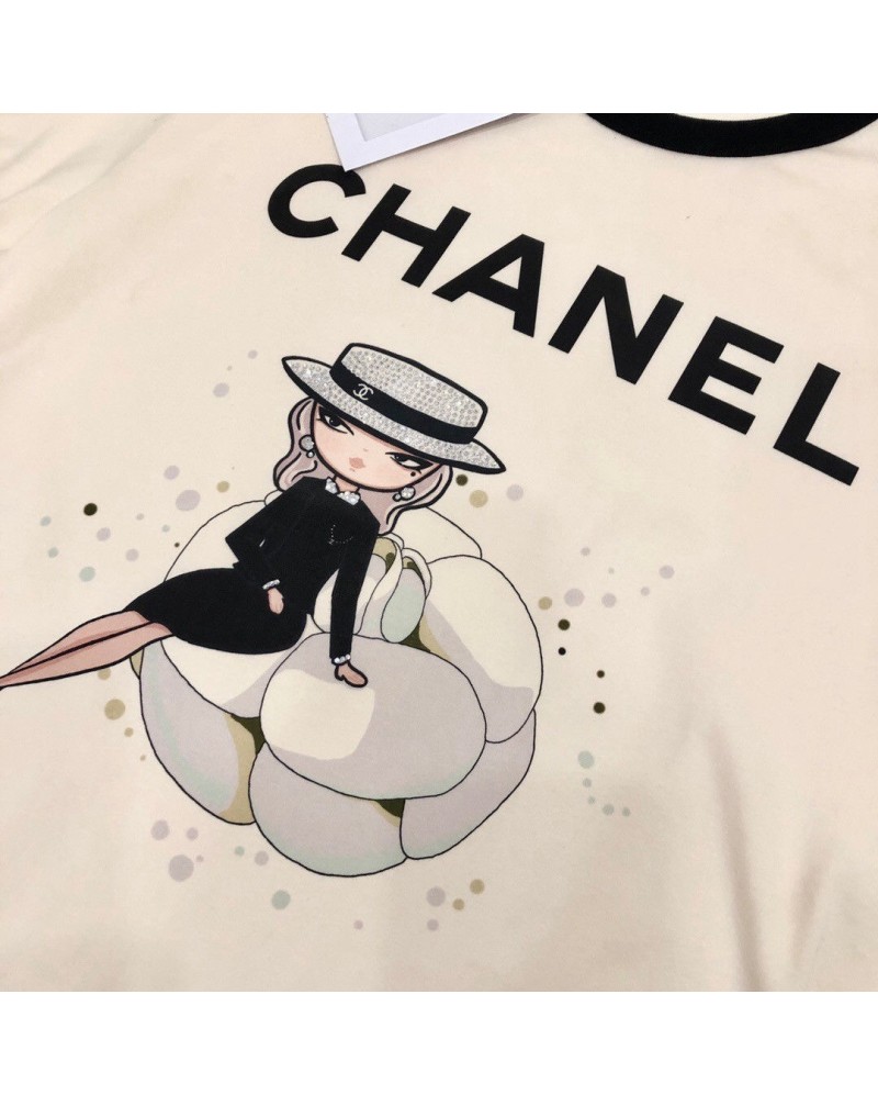 シャネルtシャツ半袖お洒落ダイヤ付きプリント小香風ティシャツトップス女性向け超人気上着コットン製ソフト