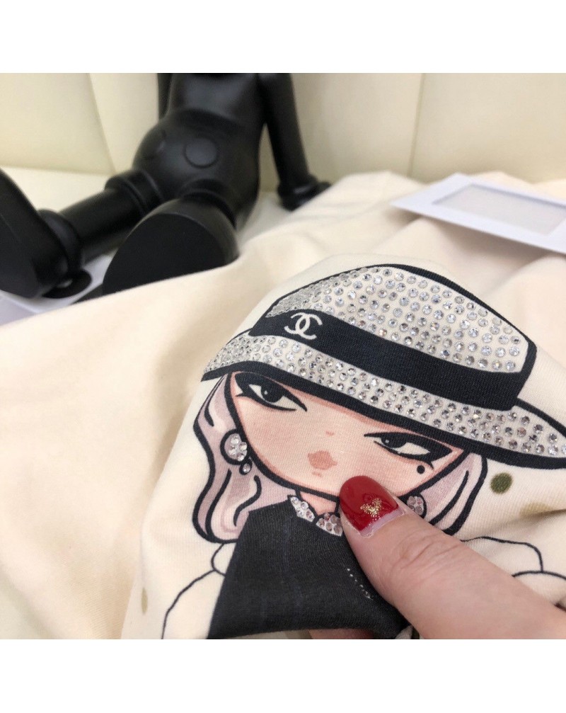 シャネルtシャツ半袖お洒落ダイヤ付きプリント小香風ティシャツトップス女性向け超人気上着コットン製ソフト