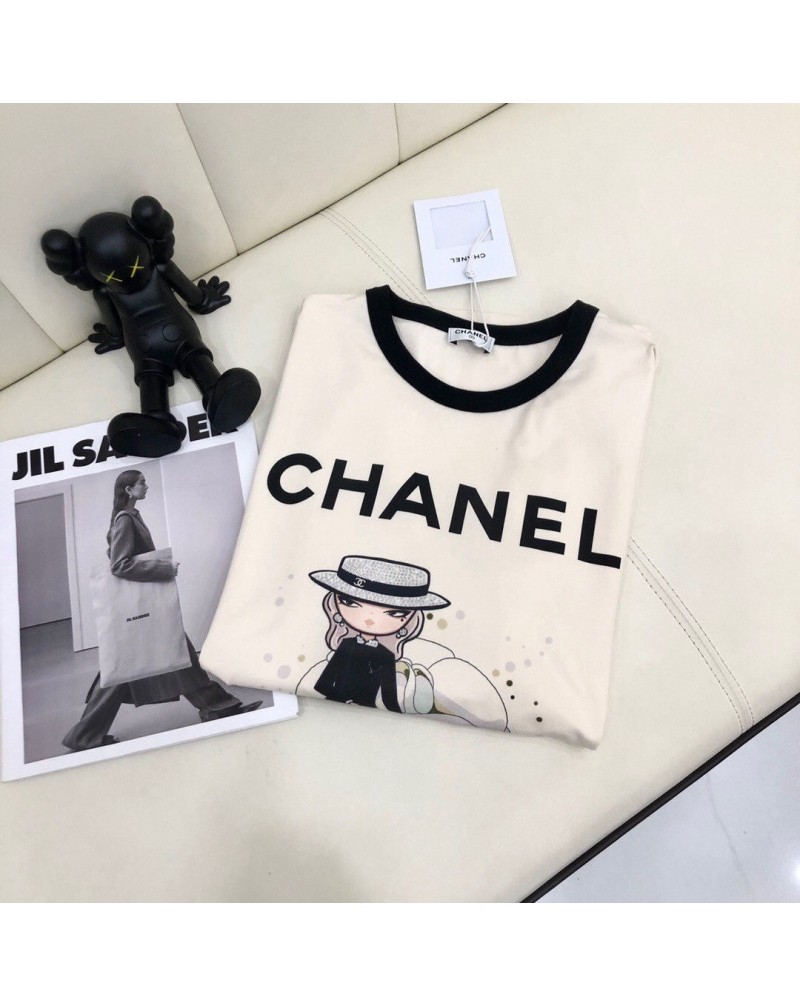 シャネルtシャツ半袖お洒落ダイヤ付きプリント小香風ティシャツトップス女性向け超人気上着コットン製ソフト