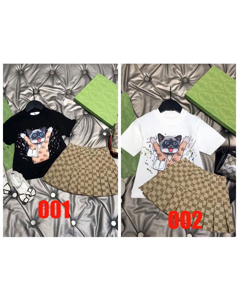 グッチ子供tシャツスカートセット可愛いネコ付きお洒落ガールズティシャツ半袖上下セット