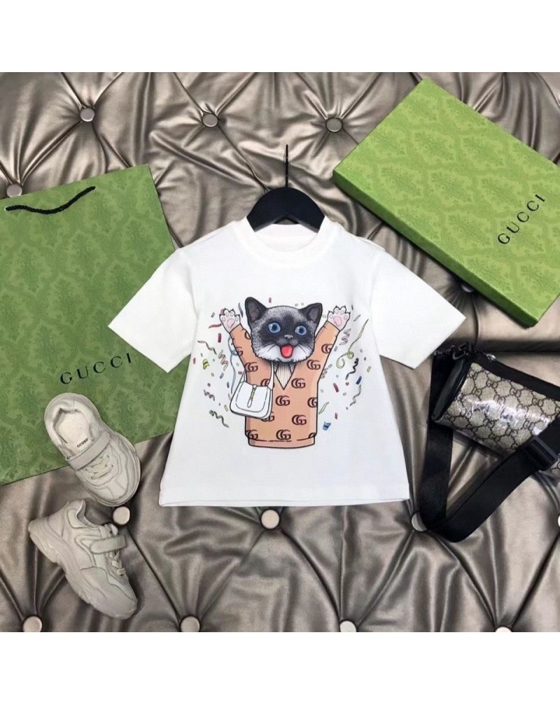 グッチ子供tシャツスカートセット可愛いネコ付きお洒落ガールズティシャツ半袖上下セット