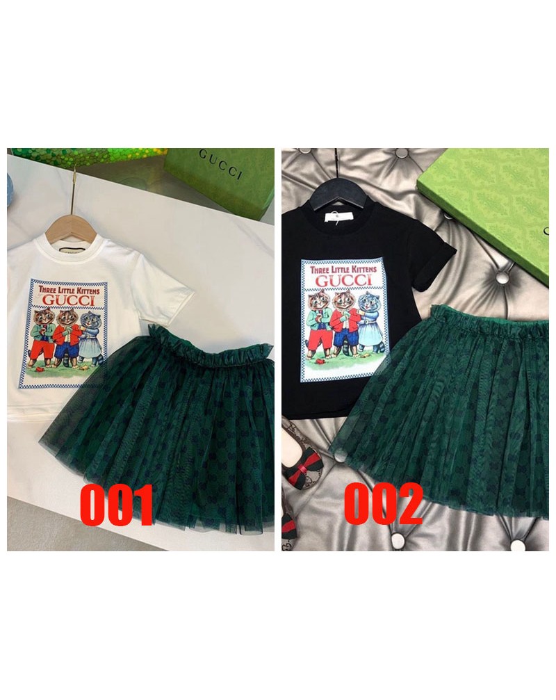グッチ子供用tシャツスカートセットお洒落可愛い猫付きキッズガールズティシャツチュール上下セットファッション人気