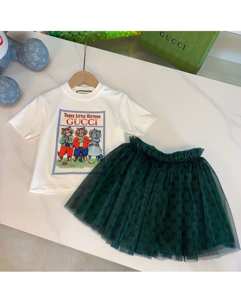 グッチ子供用tシャツスカートセットお洒落可愛い猫付きキッズガールズティシャツチュール上下セットファッション人気