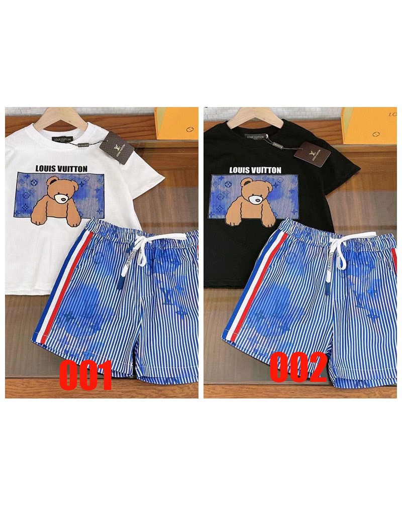 ヴィトンキッズ上下セットお洒落可愛い熊付き落書き子供用tシャツハーフパンツセットカジュアルファッション