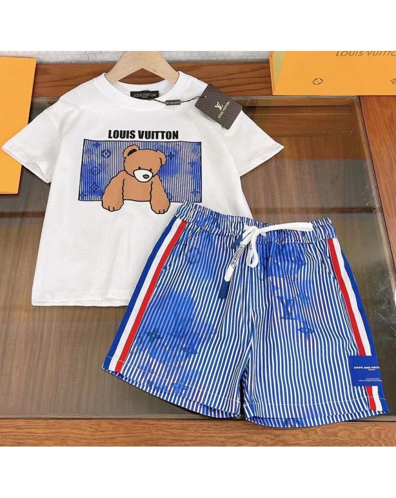 ヴィトンキッズ上下セットお洒落可愛い熊付き落書き子供用tシャツハーフパンツセットカジュアルファッション