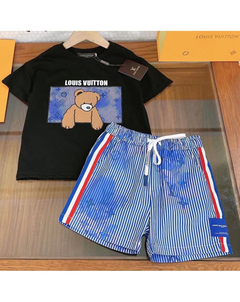 ヴィトンキッズ上下セットお洒落可愛い熊付き落書き子供用tシャツハーフパンツセットカジュアルファッション